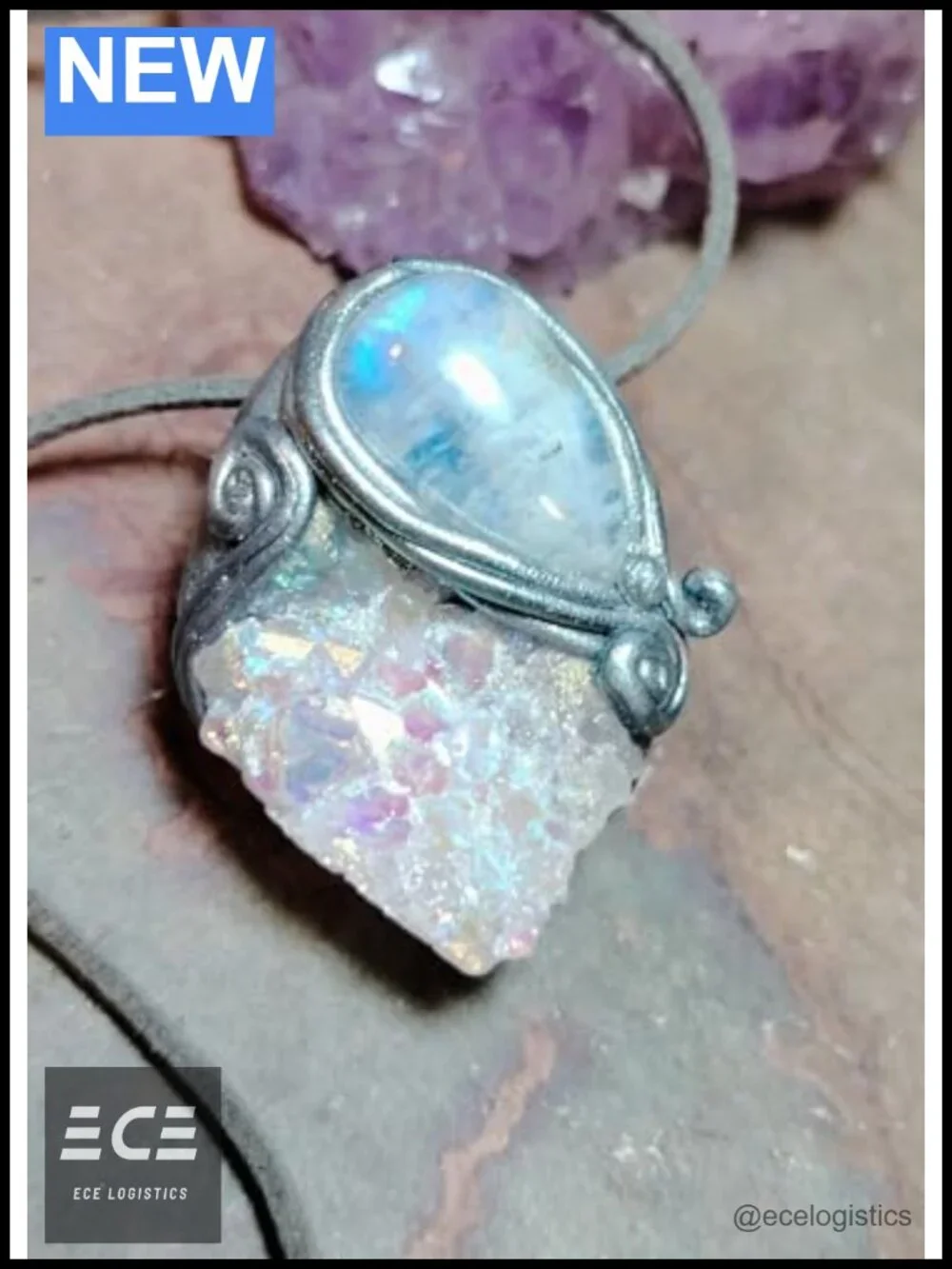 Hand Sculpted Guardian Angel Necklace Rainbow Moonstone Aura Quartz Pendant